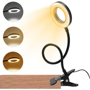5X Magnifying Glass with Light, 3 Color Modes LED Lighted Desk Lamp, USB Powered Magnifier Lamp with Metal Clamp, Flexible Gooseneck Magnifier for Bed Work Crafts DIY Repair(Black)