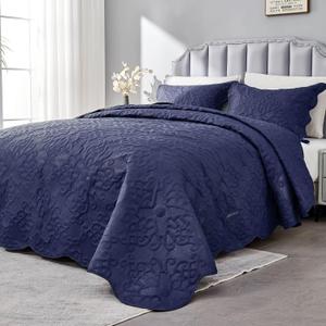 Oversized King Bedspreads 128x120 Extra Wide Quilt for Tall King California King Bed Lightweight 3 Piece Quilted Coverlet Pillow Shams Set Navy