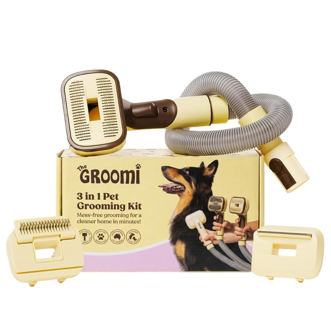 GROOMI Vacuum Pet Brush Kit  3in1 Dog & Cat Grooming Tool, SelfCleaning Deshedding Brush & Pet Hair Remover, Universal Vacuum Attachment Including Dyson, Short, Medium & Long Fur, All Breeds