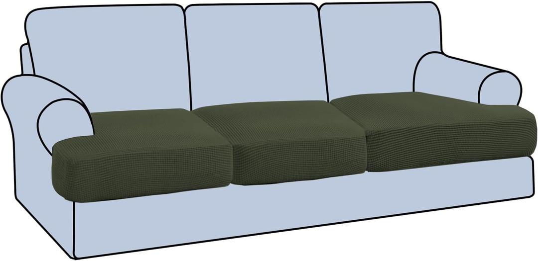 H.VERSAILTEX Stretch 3 Piece T Cushion Sofa Slipcovers Individually Sofa Cushion Covers for 3 Cushion Couch Sofa Seat Cushion Covers with Elastic Bands Featuring Thicker Jacquard Fabric, Olive