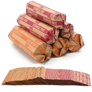 L LIKED Flat Coin Wrappers, 120 Assorted (60 Each of Pennies and Quarters), Striped Kraft Paper Coin Rolls, Pack 4