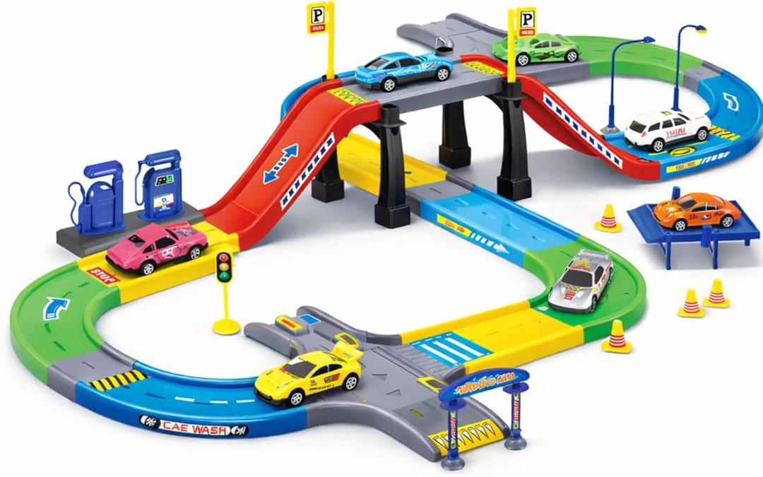 My First Speed Racing Assembly Track Builder Toy Playset - Starter Kit with 6 Diecast Cars, Accessories for Kids