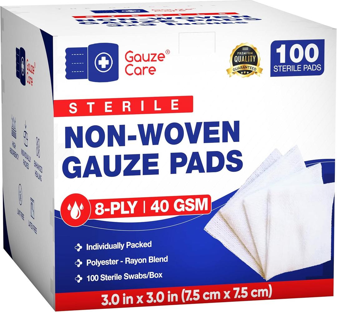 Thick Non-Woven Sterile 3x3 Gauze Pads Pack of 100| 8-ply Sponges| Individually Packed, Soft and Lint-Free Medical Pads for Enhanced Absorption and Wound Care