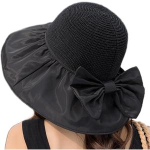 Womens Beach Sun Hat UPF 80+ Summer Outdoor Protection Foldable Wide Brim Bucket Hat Decorative Bow (Black)