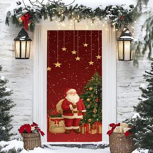 Winter Christmas Door Sticker 30.3x78.7 Inch PVC Peel and Stick Festive Tree and Santa Illustration Decorative Door Cover for Home Entryway Hallway Seasonal Holiday Decor (Colorful Sticker#01)