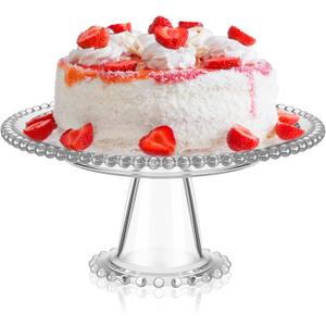Wenqik 8 Inch Beaded Glass Cake Stand Vintage Clear Cake Stand Cakes Serving Platters Footed Dessert Plate Display Desserts Holder Fruit Serving Tray Display Accessories for Wedding Party Supplies