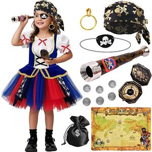 Latocos 14pcs Girls Pirate Costume Dress Kids Pirate Accessories Hat Eye Patch Halloween Dress Up Role Play Gift, XL