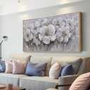Flower Wall Decor White and Gray Floral With Golden Stamen Botanical Wall Art Framed Artwork for Walls Canvas Prints Painting for Living Room Bedroom Office Home Decor 29"x58"