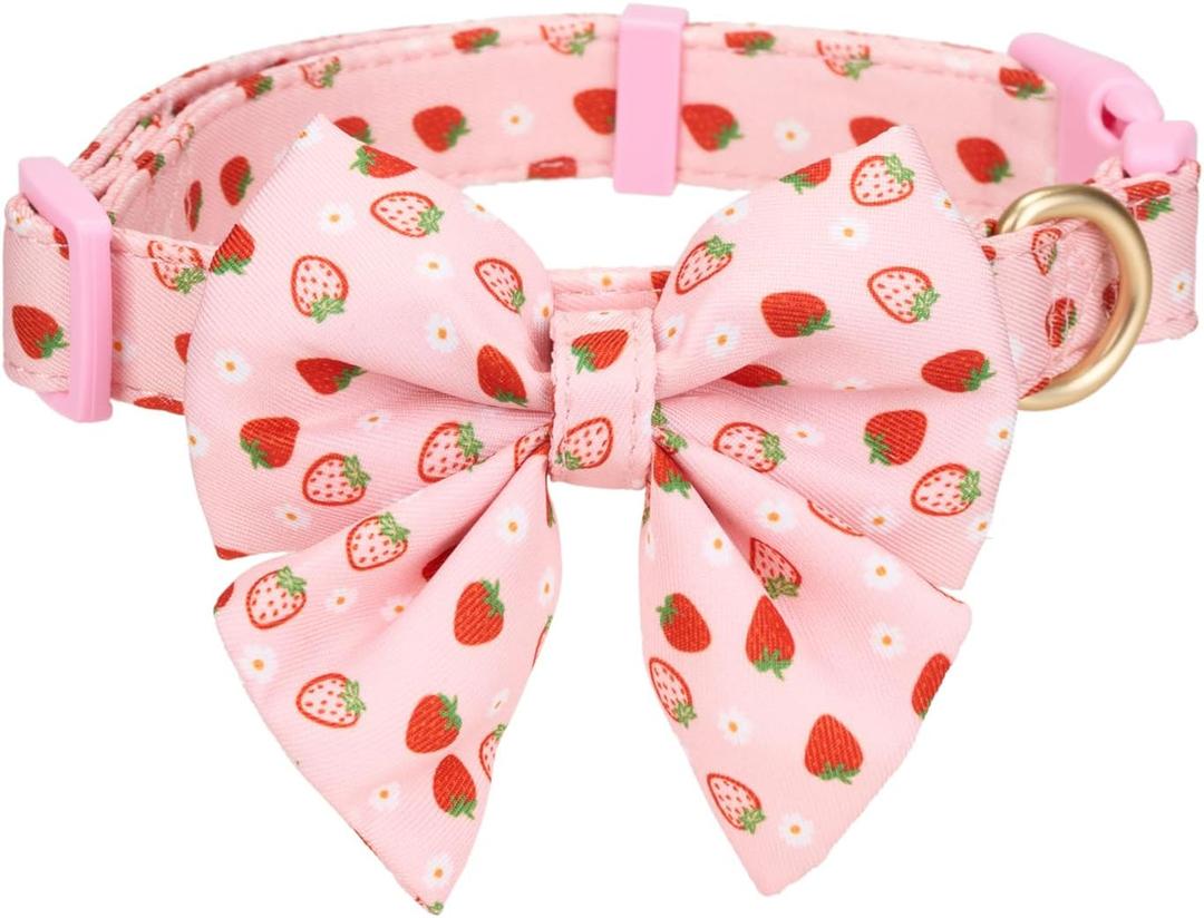 Cute Bowtie Dog Collar Adjustable Dog Bow Tie Collars for Small-Large Female Girl Dogs Gift, Pink Strawberry
