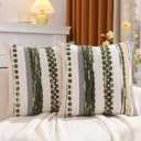 Tosleo Green Throw Pillow Covers 18x18 Set of 2 Boho Tufted Pillow Covers Striped Decorative Pillow Cases Chenille Pillow Cases Farmhouse Cushion Case Nuetral Textured Pillow Cover