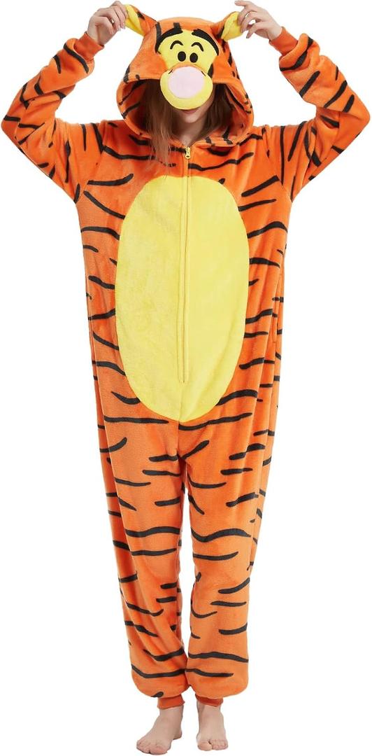 Yemnut Snug Fit Adult Unisex Onesie Cosplay Costume，One Piece Pajama Halloween Homewear Suit for Women and Men (X-Large, Tigger)