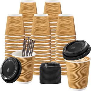 Lamosi 8 oz Disposable Coffee Cups with Lids, 50 Pack Insulated Hot Cups To Go Paper Coffee Cups with Lids and Straws, Corrugated Ripple Wall Cup for Hot Drink, Office, Coffee Bar (Champagne)