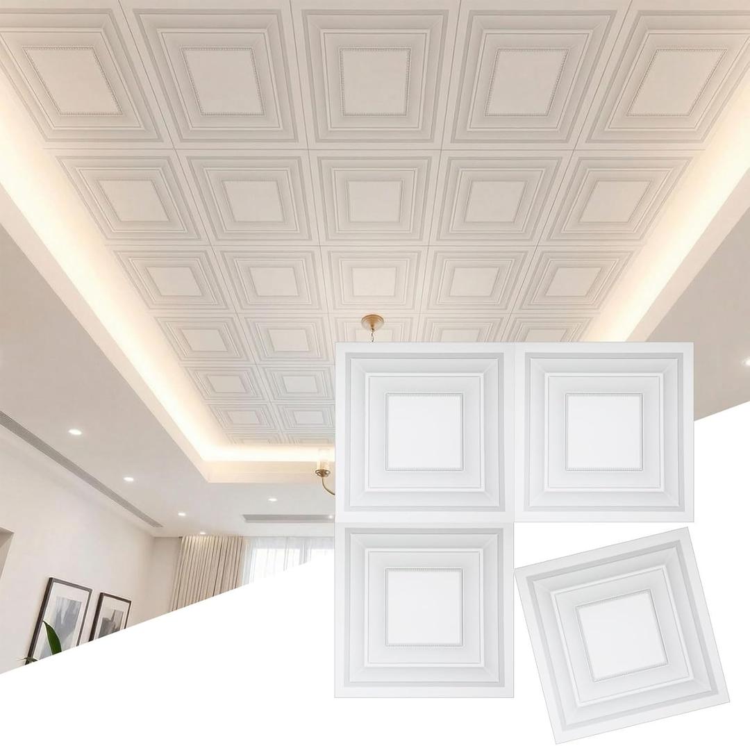 Nuanchu 40 Pcs 15.7 x 15.7 Inch Foam Ceiling Tiles Covered 68.8 Sq. ft, Self-Adhesive Ceiling Cover, Peel and Stick Wall Panel, Waterproof Wallpaper DIY for Bedroom, Home Decor(Frame)