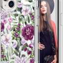 ICEDIO for iPhone 14+ Plus Case with Screen Protector - Clear with Fashionable Trendy Patterns-Designed for Women Girls - Slim Fit Cover - Protective Phone Case 6.7" - Pink Purple Flowers