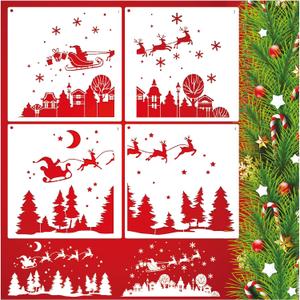 2 x Large Christmas Window Stencils for Snow Spray Reusable Pine House Reindeer Stencil Template Drawing Holiday Winter Scene Stencils for Painting on Wood Glass Window Doormat Wall(window4)