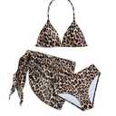 RoseSeek Girl's 3 Piece Swimsuits Floral High Waisted Bikini Bathing Suit with Mesh Coverups Skirt Brown 11Y 