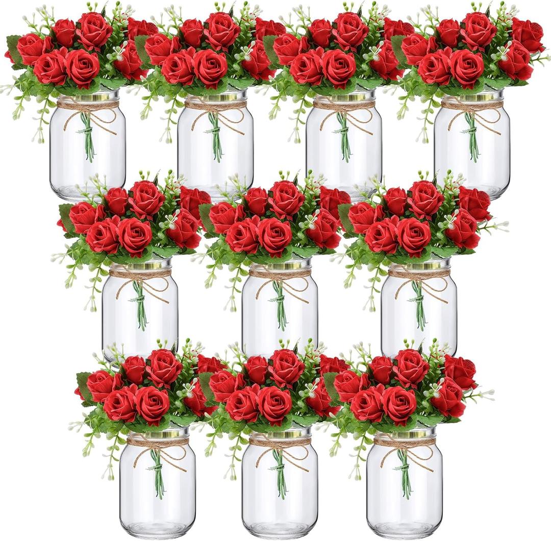 XunYee 10 Set Mason Jar Table Centerpiece with Flower Mason Jar Flower Centerpiece Vases Decor for Engagement Party Bridal Shower Centerpieces Wedding Reception Table Decor(Red Rose)