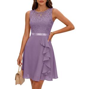 BeryLove Formal Cocktail Dresses Bridesmaid Wedding Guest Short Prom Dress Ruffle Hem Sleeveless Homecoming Lace Gowns (Medium, Purple)