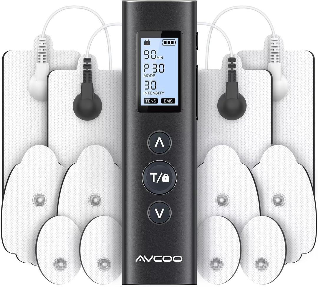 AVCOO 30 Modes TENS EMS Unit Compact Muscle Stimulator for Pain Relief of Back, Shoulder, Neck, Rechargeable & Portable Dual Channel EMS Muscle Stimulator with 30 Intensity Levels, 12 Electrode Pads