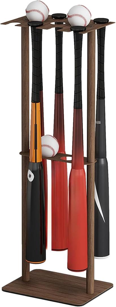 Newly Upgraded Deep Walnut Painted Baseball Bat Holder Stand Metal Free Standing, for Baseball 8 Bats 5 Balls Storage Display