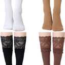 Fourluoo 4 Pairs Women's Lace Socks Calf Stocking with Lace Trim Long Knee High Stockings Lolita Boot Socks (Black, L)