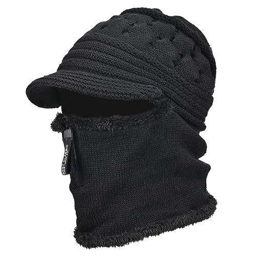 Yonchic Fleece Lined Beanie Hat, Elastic Soft Ear Protection Knitted Scarf Mask Hat with Zipper, Face Neck Warmer Set for Women (Black)
