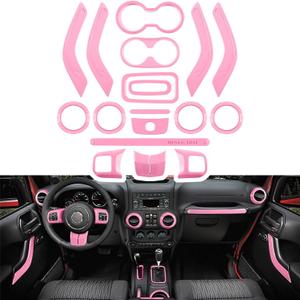 E-cowlboy 18 PCS Full Set Interior Decoration Trim Kit Steering Wheel Center Console Door Handle Air Conditioning Vent Cup Holder Gear Cover Trim for Jeep Wrangler JK JKU 2011-2018 4-Door (Pink)