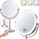 9 Inch Dual-Sided Magnifying Mirror with Lights - 1X/10X Brushed Nickel Makeup Mirror, Touch Control LED Vanity Mirror with Stand, Natural Light Tabletop Cosmetic Mirror for Bathroom