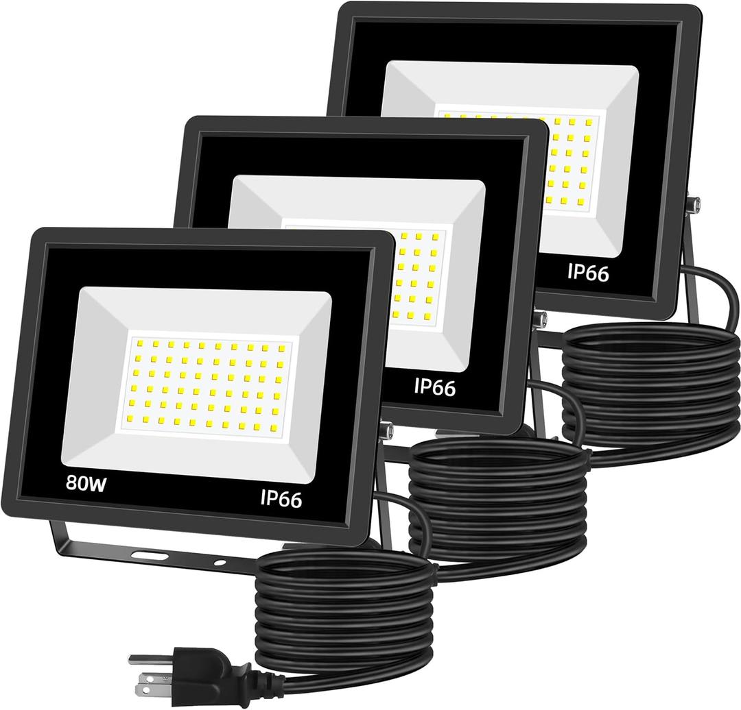 80W LED Floodlights 3 Pack, Super Bright Exterior Security Lights, IP66 Waterproof Outdoor Flood Light, 10,400LM 5000K Daylight White Work Lights for Garden, Garage, Patio