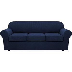 H.VERSAILTEX 3 Piece Stretch Sofa Covers for 2 Cushion Sofa Couch Covers for Living Room Sofa Slipcovers (Base Cover Plus 2 Seat Cushion Covers) Thicker Jacquard Fabric(Large Sofa, Navy)