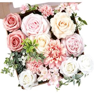 Pink Artificial Flowers Combo, Fake Flowers Mixed Rose Peonie Dahlia, Pink White Silk Flowers with Stems for Wedding Bouquets Centerpieces Floral Arrangements Party Baby Shower Home Decor