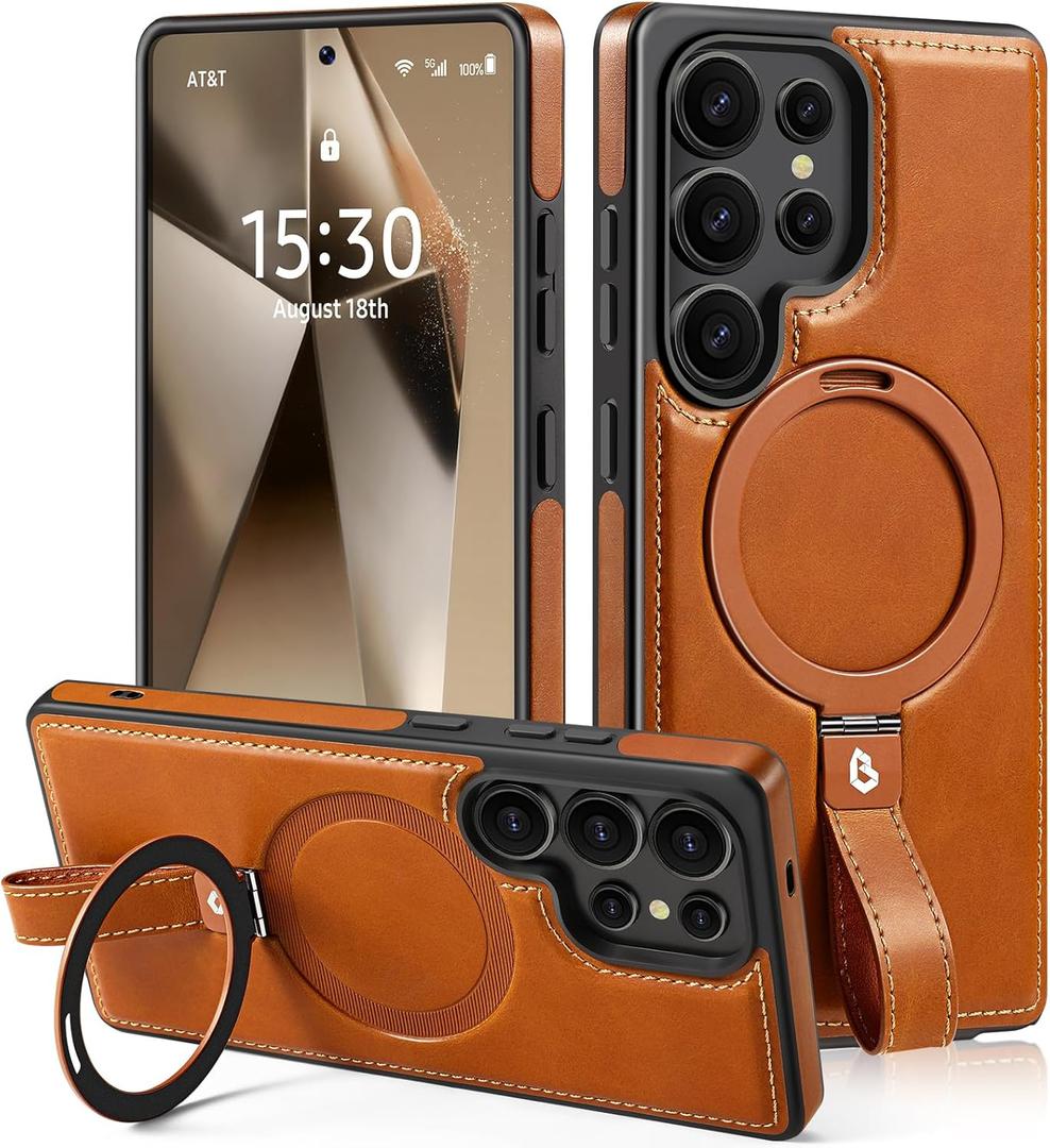 Lunivop Compatible with Samsung Galaxy s25 Ultra Case 6.9 '' 2025 Grip Strap Lanyard Leather Ring Holder Kickstand Compatible with Magsafe Women Man Magnetic Phone Cases Brown