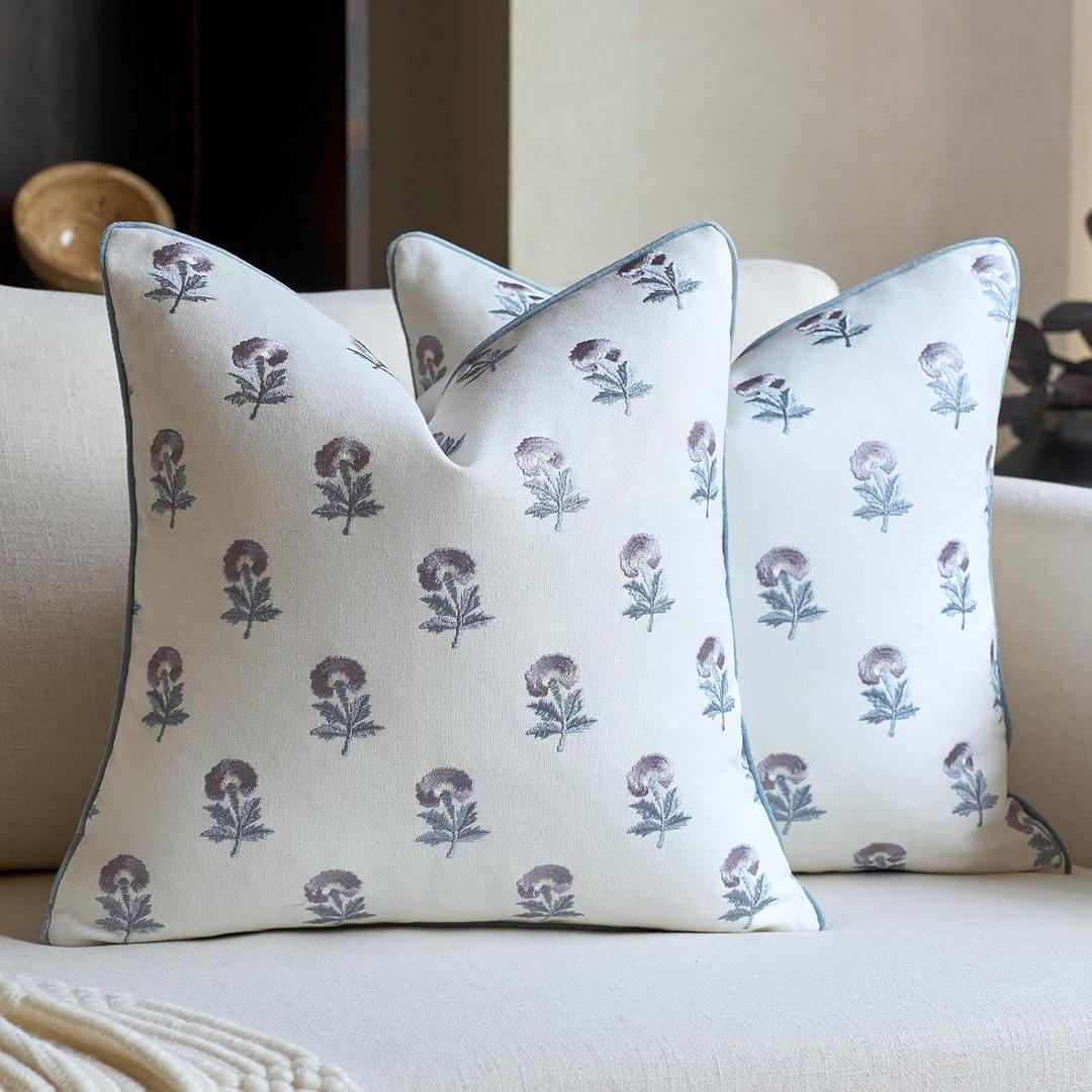 FIOUOVO Embroidered Floral Pillow Covers 20x 20 Set of 2 Cotton Farmhouse Throw Pillow Covers with Piping Edge Decorative Cushion Covers for Sofa Couch Bedroom Living Room, Azure Grey