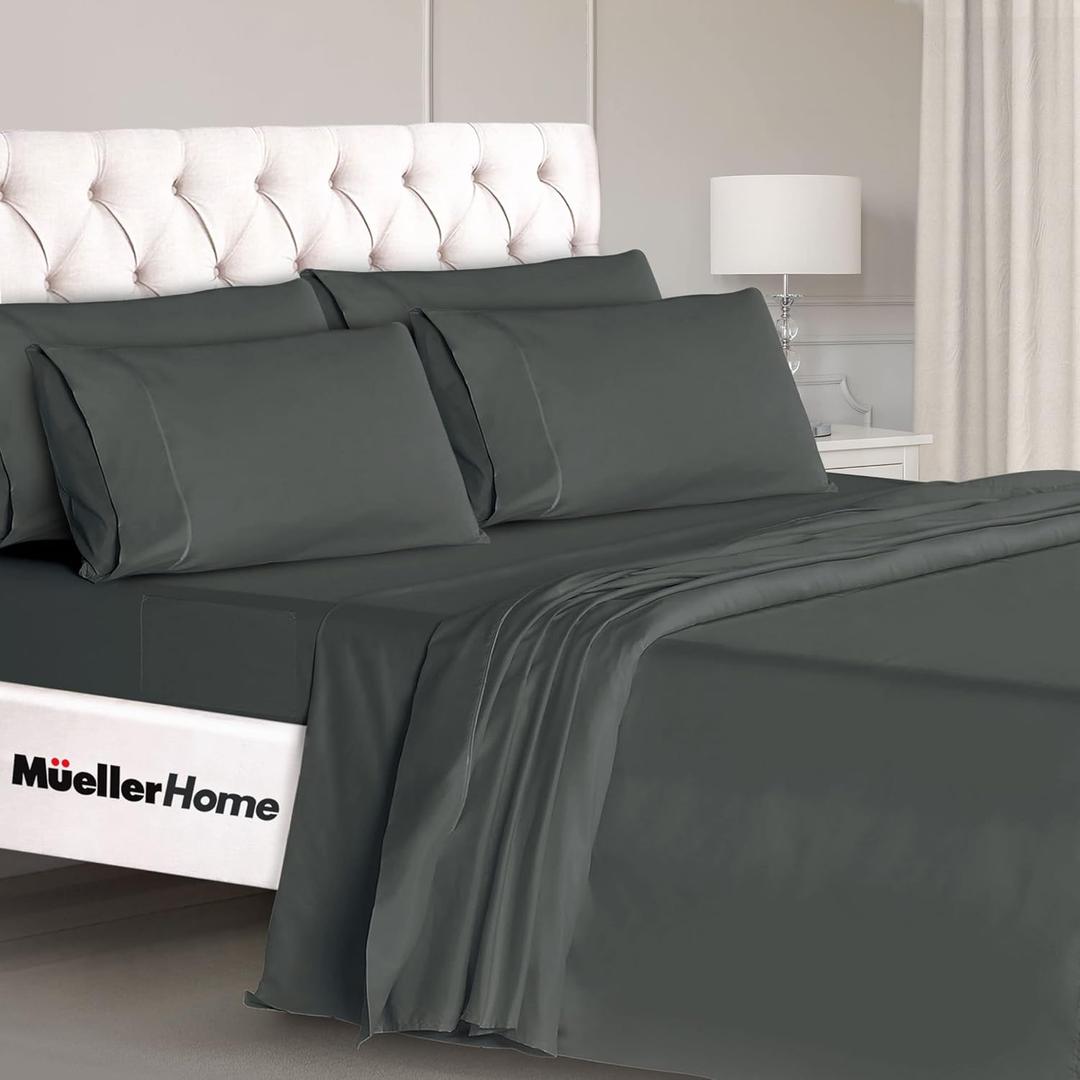 Mueller Luxury 6 PC Full Size Bed Sheets, Super Soft 1800, Deep Pocket up to 16" Full Size Sheets, Transfers Heat, Breathes Better, Hypoallergenic, Wrinkle-Resistant, Oeko-TEX, Dark Grey