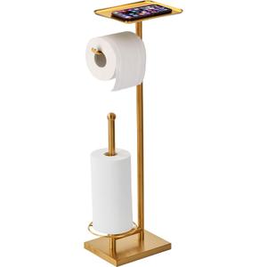 Sfemn Toilet Paper Holder with Tray at The Top, Heavy-Weighted Base No Wobbly, Freestanding Toilet Paper Rolls Stand, Hold Extra 3 Paper Rolls On The Base (Gold)