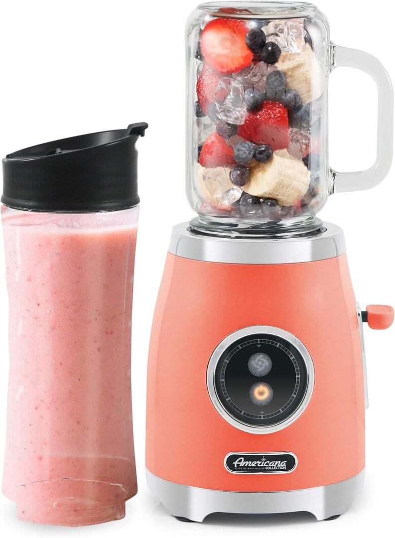Americana EPB399C BPA Free Glass Blending Jar and Tritan Sports Bottle Blend Personal Smoothie, Crush Ice, Shakes, Keto Protein Blender, 2 Cups, 300 Watts, Coral