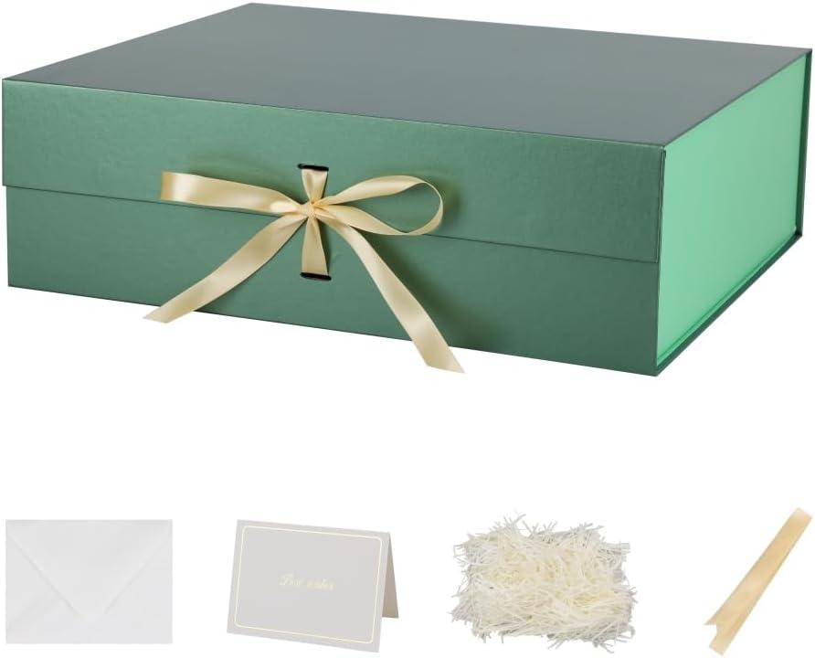 BoxSkivra Green Extra Large Gift Box with Lid 1 Pack 19x16x6 Inch Large Gift Boxes with Crinkle Paper & Card Magnetic Gift Box with Ribbon for Wedding Dress, 1 count