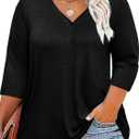 ZDC Women's Plus Size Tops 3/4 Sleeve V Neck T Shirts Button Down Basic Tunic (5X-Large, Black)
