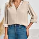 Women's Business Casual Tops Summer Long Sleeve Button Down Shirts V Neck Chiffon Blouses (Beige), Large