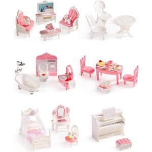 ROBUD Dollhouse Furniture, Pink Doll House Accessories and Furniture for Dining Room, Bathroom, Bedroomn,Living Room, Dollhouse Accessories Pretend Play Furniture Toys for Kids, WDHXX