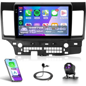 4Core 4G+128G Android 15 Car Stereo Radio for Mitsubishi Lancer 2008-2017, Rimoody Wireless Carplay Andorid auto Mirror Link 10'' INCELL Touchscreen GPS WiFi Bluetooth 5.0 FM/RDS EQ SWC Backup Camera
