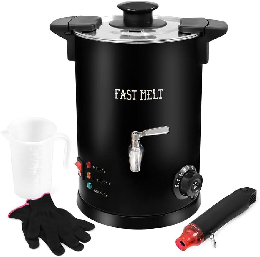 FAST MELT 5 Liter Wax Melter for Candle Making, Electric Wax Melting Pot with Easy Pour Spout & 30-110C Temp Control, Easy Clean for Home Candle Business Starter (Heat Gun + Gloves + Measuring Cup)