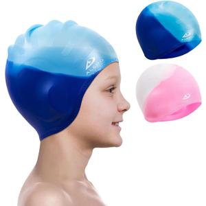 2 Pack Kids Swim Caps for Boys Girls, Durable Silicone Swimming Cap with 3D Ear Pockets for Age 3-15 Toddler Child Youth Teen, Unisex Swim Hats for Short/Long Hair with Ear Plugs Nose- Clip-B011