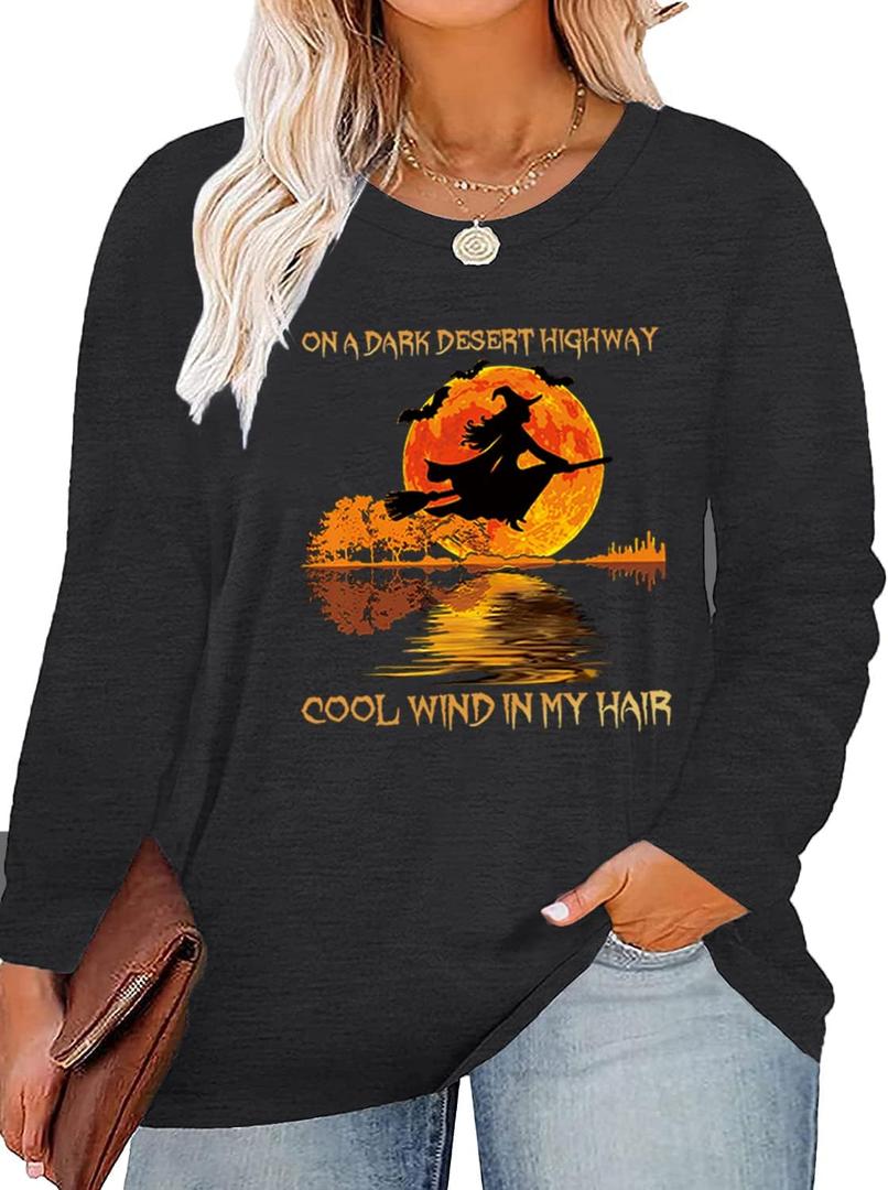 Women Plus Size Halloween Shirts Sanderson Sisters Shirt Long Sleeve Hocus Pocus Halloween Tee Tops (X-Large, P2)