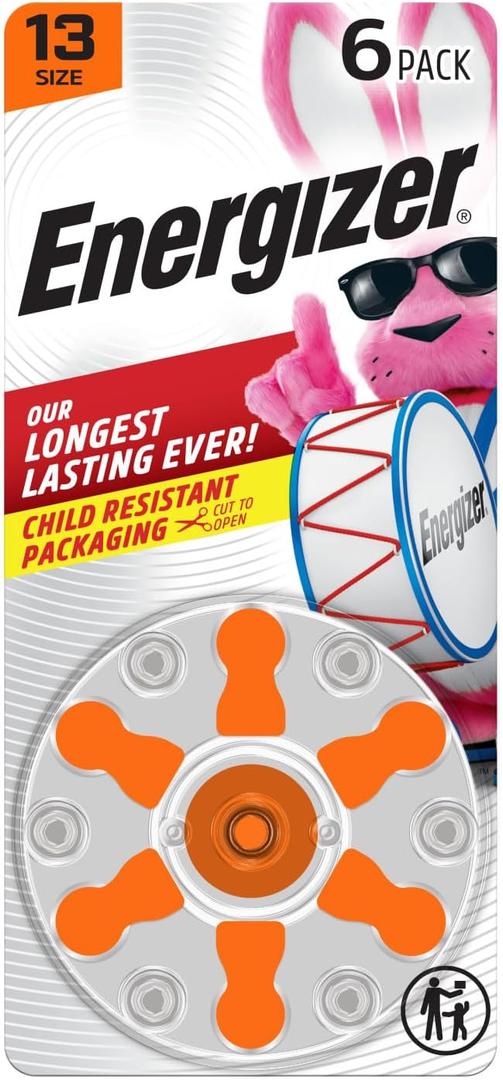 Energizer Hearing Aid Batteries Size 13, Orange Tab, 6 Pack