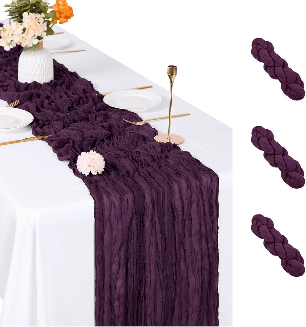 3 Pack Dark Purple Cheesecloth Table Runner, 17 x 108 inch, Semi Sheer Boho Cheese Cloth Fabric Table Runner Bulk for Wedding , Birthday, Party, Holiday, Home Decor (Dark Purple)