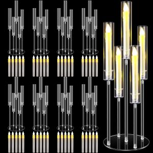 5 Arm Acrylic Clear Candelabra Centerpieces for Tables Candle Candelabra Candlesticks Holders with LED Candles and Shade for Wedding Party Fireplace Decoration(8 Sets)