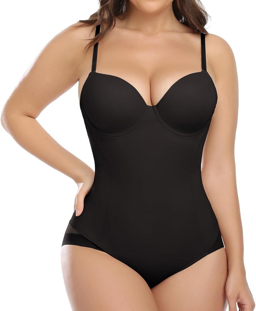 JOYSHAPER Bodysuit with Built in Bra for Women Tummy Control Shapewear Backless Shapewear Top Slimming Body Shaper (Large, #1 Black)