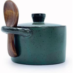 8 oz Ceramic Salt Cellar with Lid & Wooden Spoon,Countertop Salt Container,Sugar Bowl,Spices Jar| Artisan Kitchen Decor(Deep Blue)