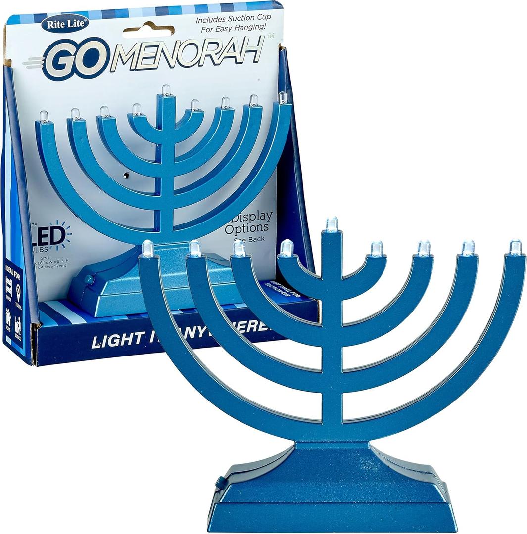 Rite Lite Go Mini Metallic Light Blue Electric Menorah - Chanukah Jewish Holiday Party Favors Decorations Judaica Festival of Lights Modern Hanukkah Gifts Press Button to Turn On JRN-600-MB